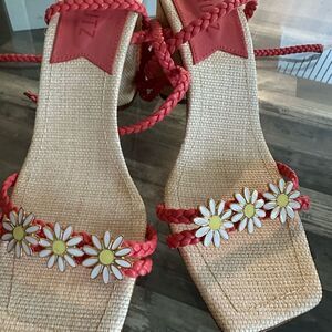 Red Braided Sandals with Daisy Accents